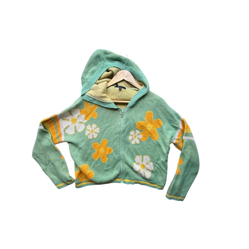 Y2K pastel Witty Fox Floral Knit Hoodie Green floral Zip Up Sweater Womens sz M